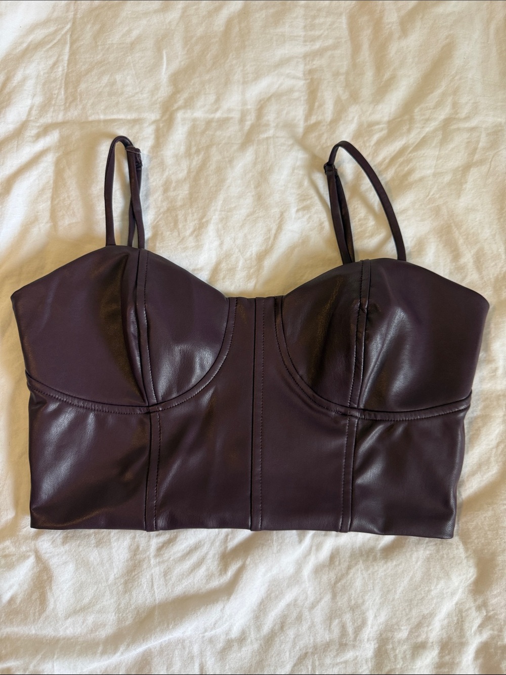 Express Faux Leather Bustier Crop Top in Deep Plum